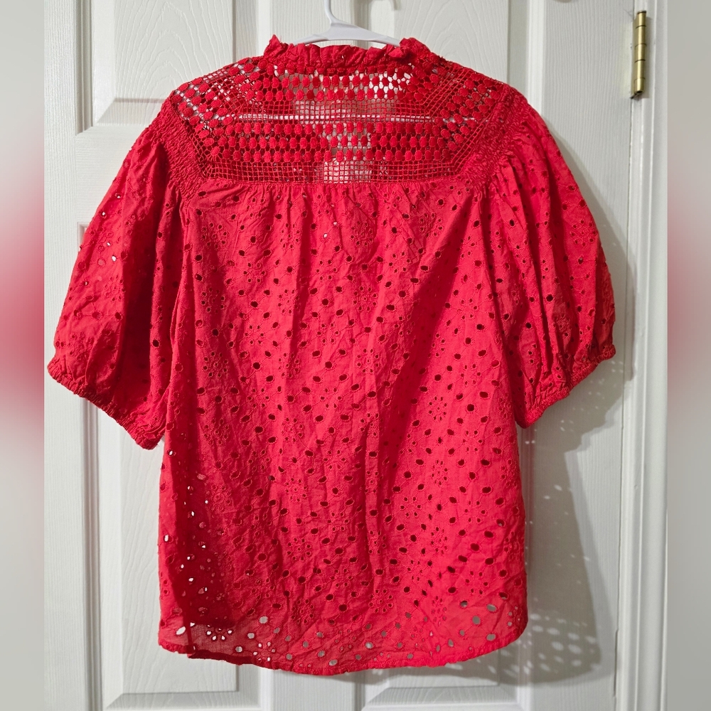 NWT Adiva Red Cotton Crochet & Eyelet Popover Blouse, Puff Sleeves, Boxy Fit. - Picture 6 of 11